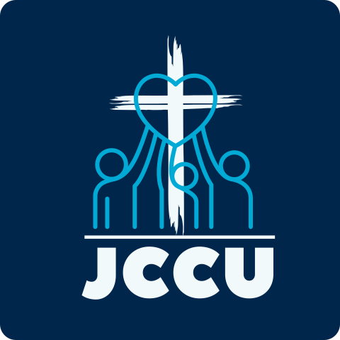 JCCU Jersey Community Churches United Logo with cross in background and outline of people holding up a heart in the foreground
