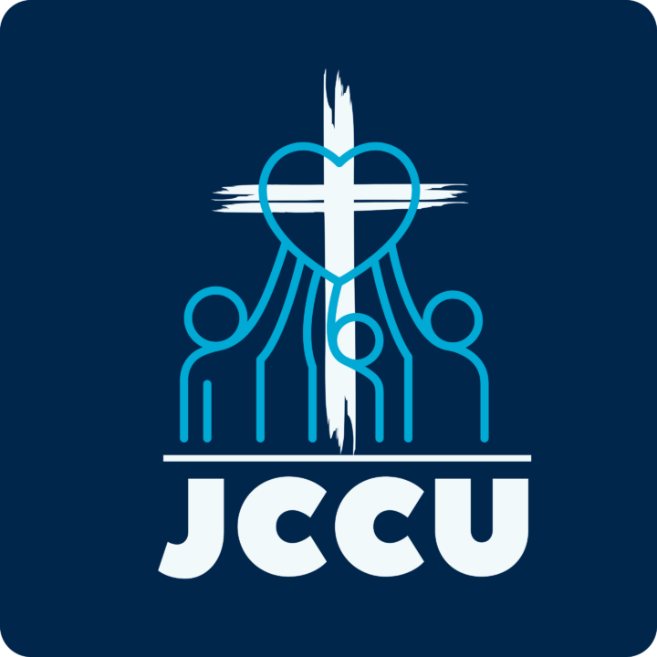JCCU Jersey Community Churches United Logo with cross in background and outline of people holding up a heart in the foreground